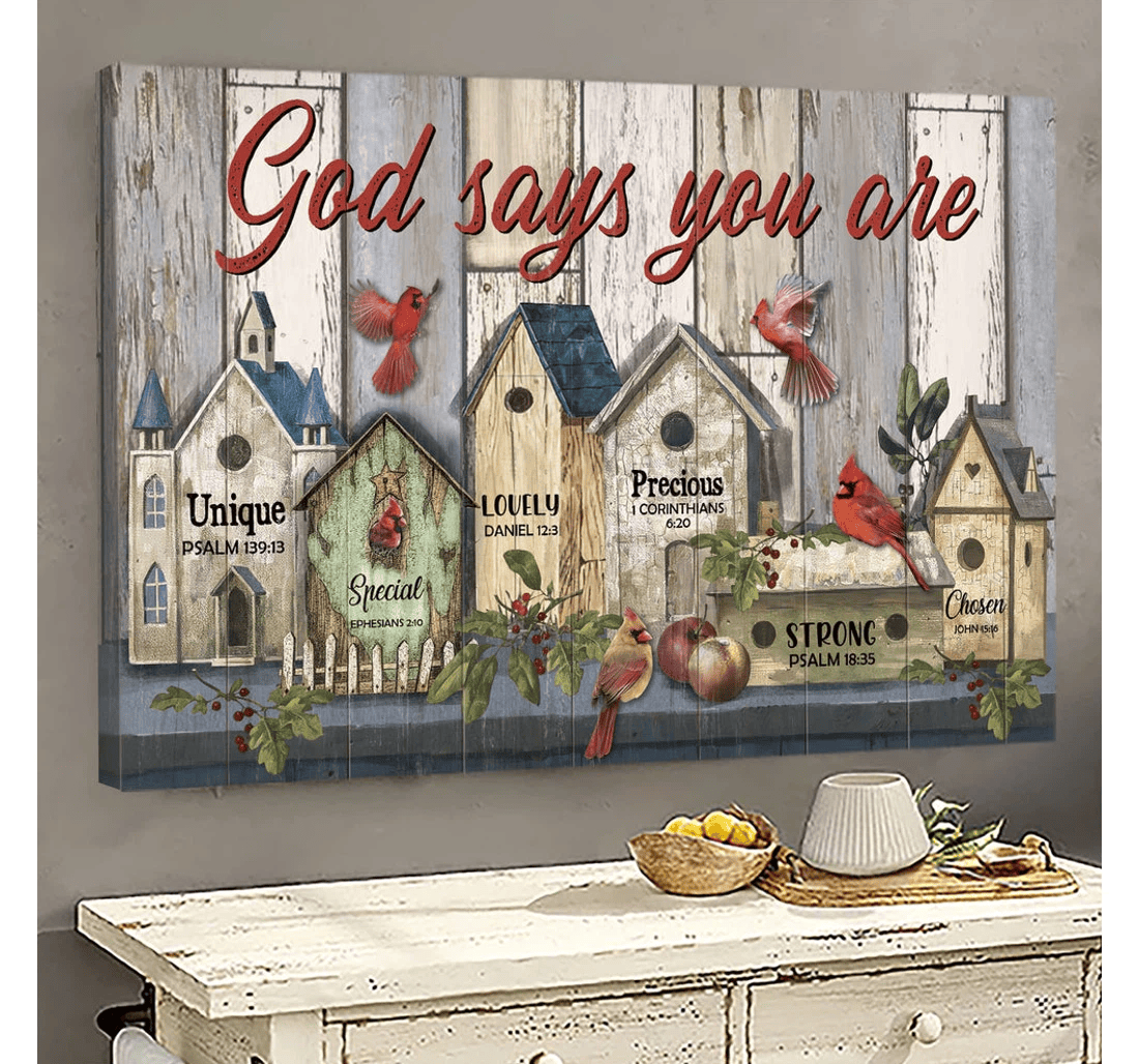 Poster, Canvas - Cardinal Vintage Bird House God Says You Are Matte Print Framed Wall Art