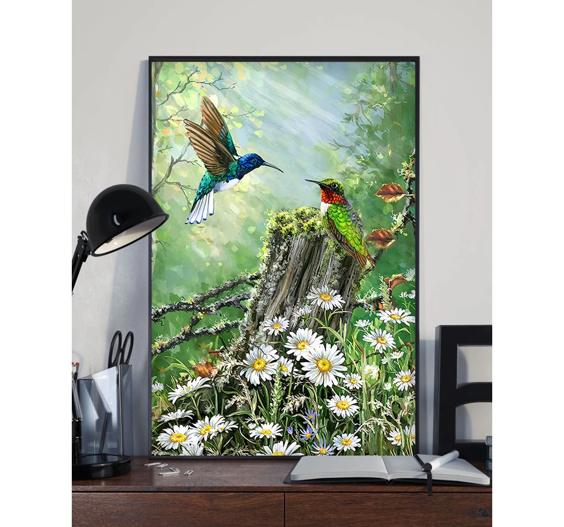 Poster, Canvas - Hummingbirds Lost Way In Daisy Garden Matte Print Framed Wall Art