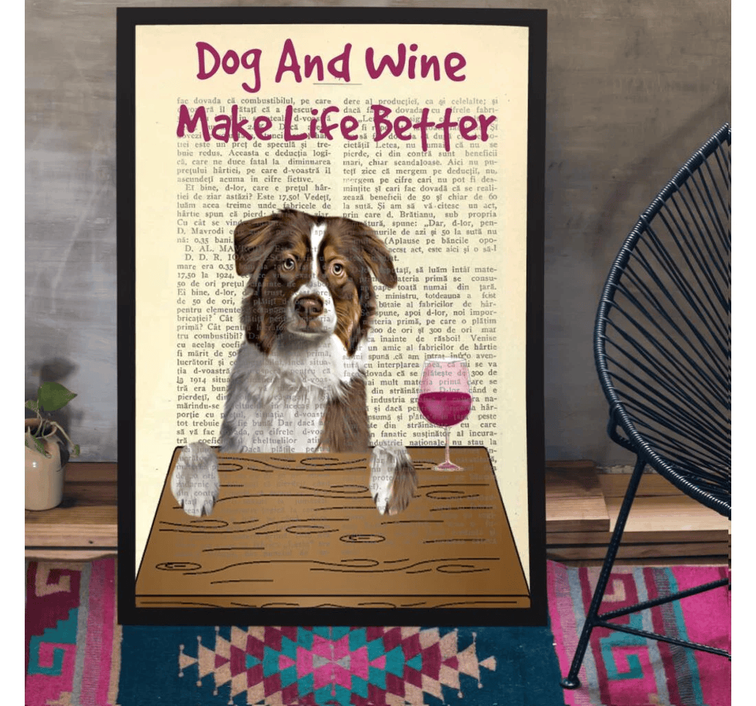 Poster, Canvas - Dog Lovers Personalized Dog With Wine Glass News Paper Print Framed Wall Art