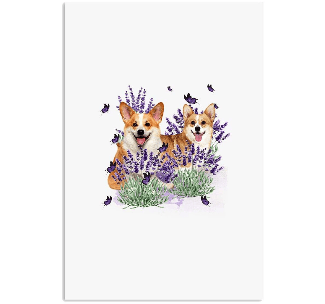 Poster, Canvas - Corgi With Lavender Flower Print Framed Wall Art