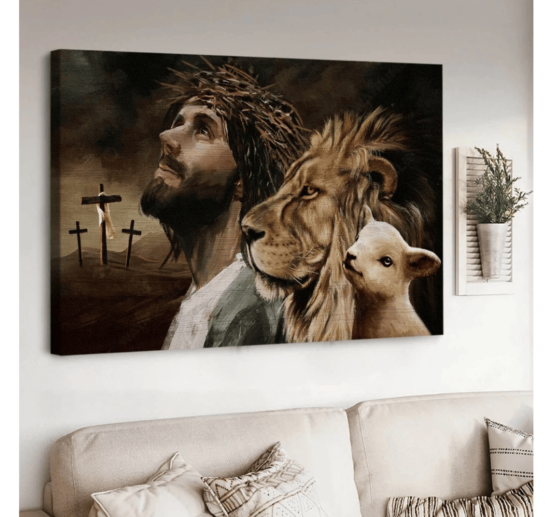 Poster, Canvas - The Lamb Of God The Lion Of Judah Jesus Christ Cross Symbol Matte Print Framed Wall Art