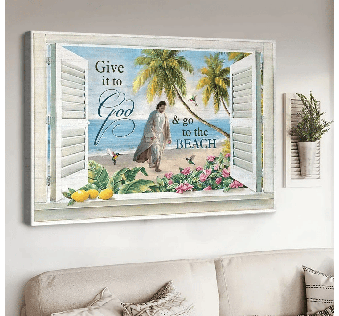 Poster, Canvas - Jesus Walks Sand Beach Palm Trees Give It To God And Go To The Beach Matte Print Framed Wall Art