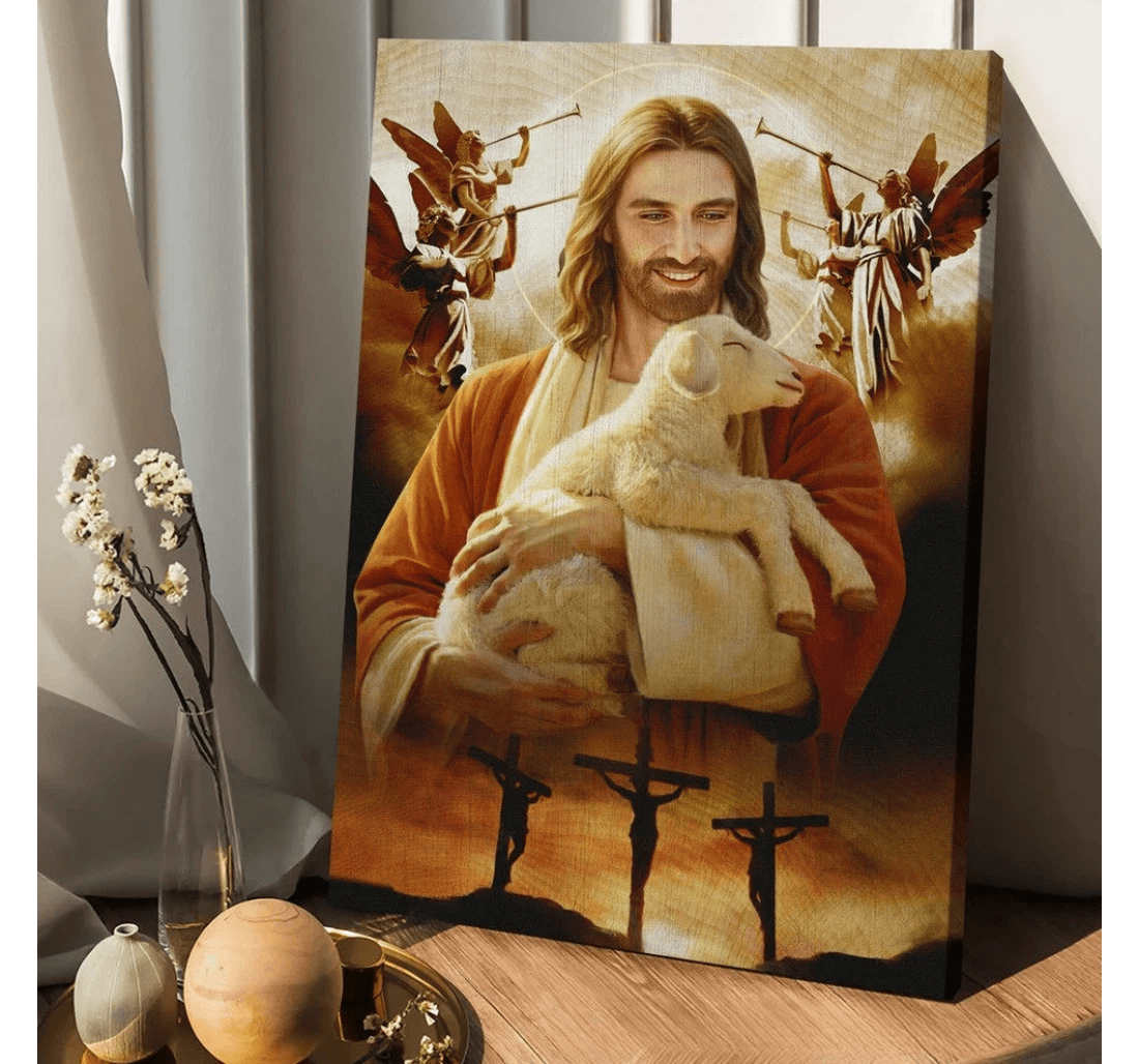 Poster, Canvas - Lamb Of God Jesus Heaven Angels Three Crosses Matte Print Framed Wall Art