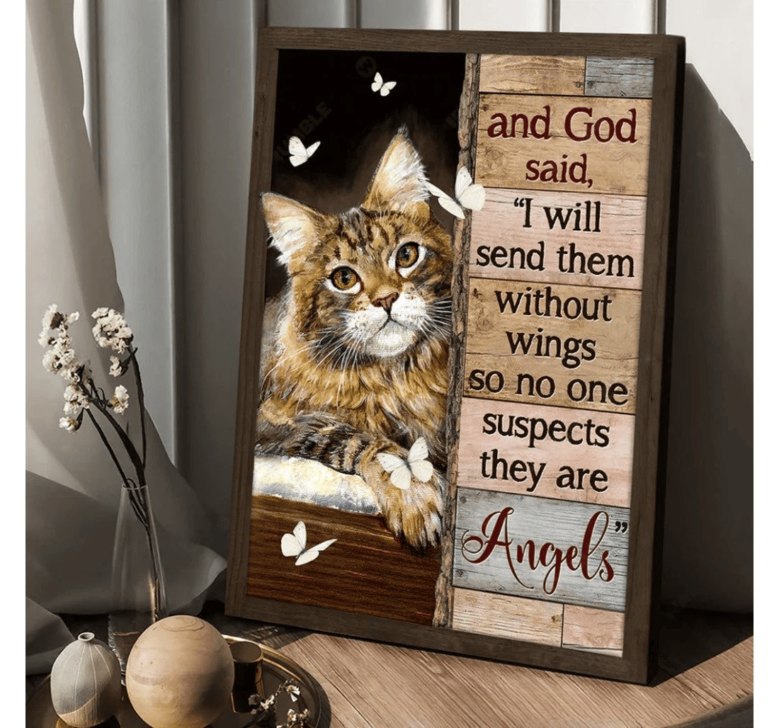 Poster, Canvas - Pretty Cat And God Said I Will Send Them Without Wings Matte Print Framed Wall Art