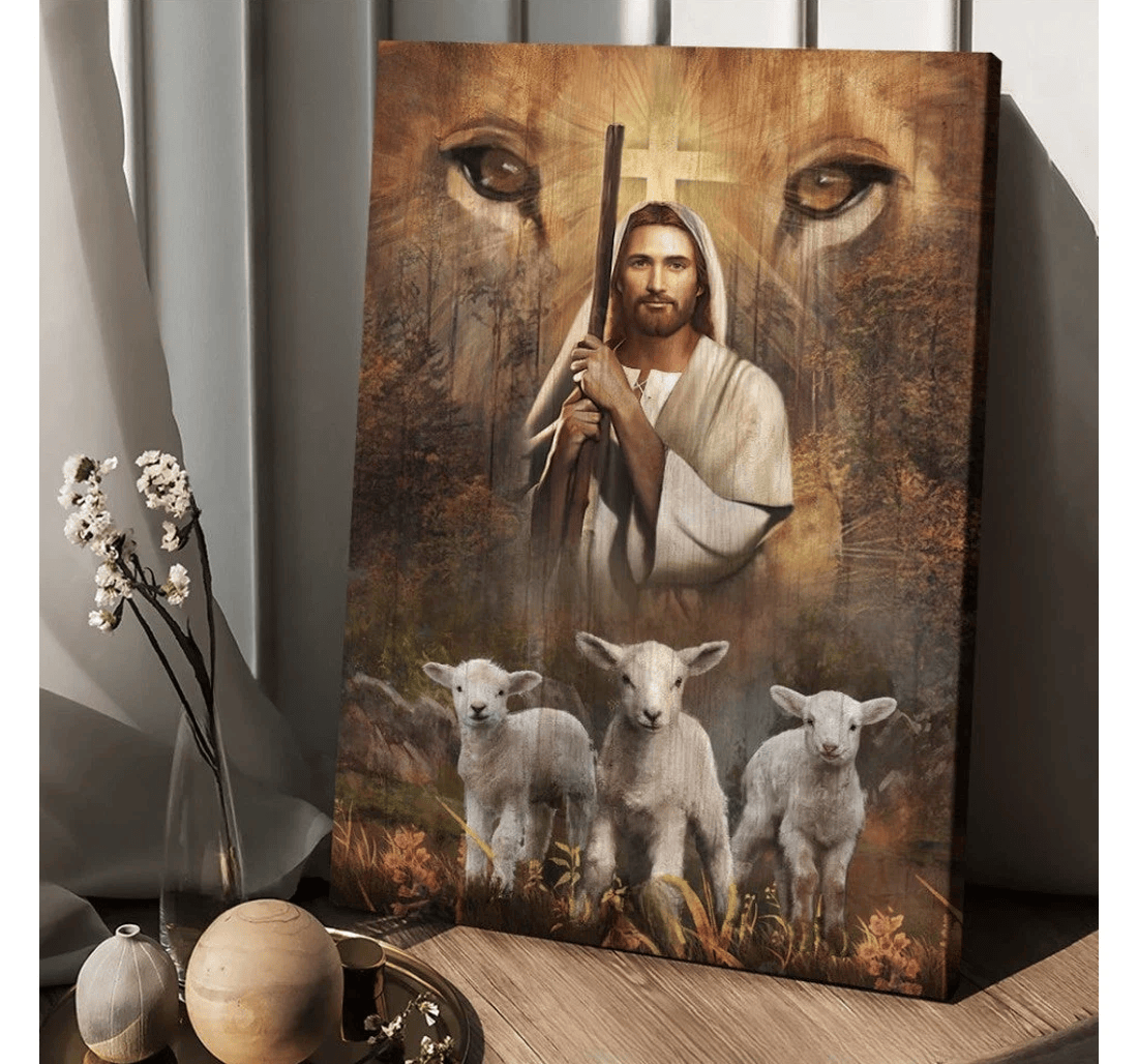 Poster, Canvas - Amazing Jesus White Lamb Lion's Eyes Walking With Jesus Matte Print Framed Wall Art