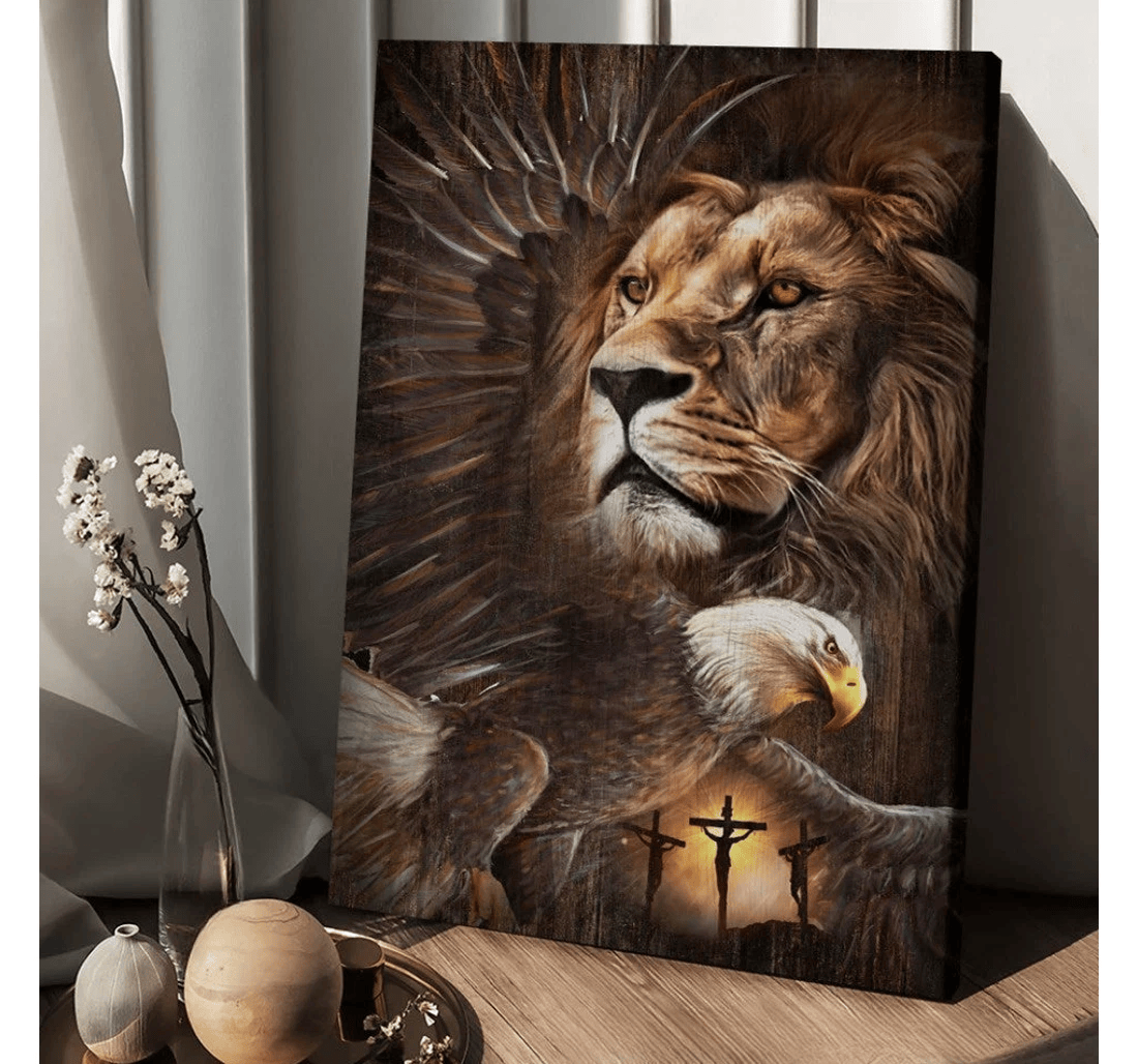Poster, Canvas - Lion Of Judah Eagle King Of Kings Jesus Cross Matte Print Framed Wall Art
