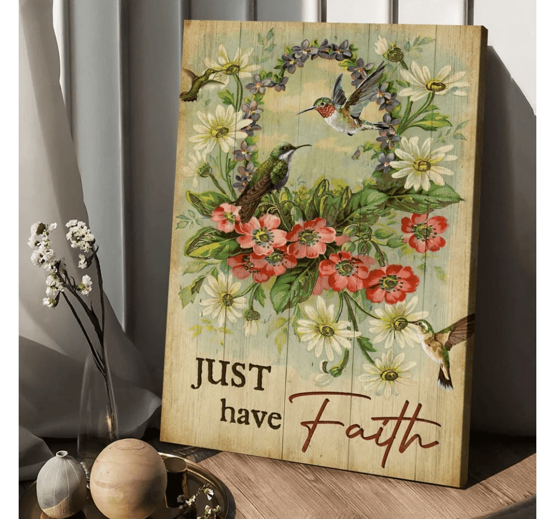 Poster, Canvas - Hummingbird Flower Wreath Just Have Faith Matte Print Framed Wall Art