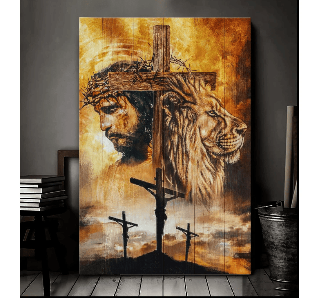 Poster, Canvas - Jesus And Lion Cross Amazing Matte Print Framed Wall Art