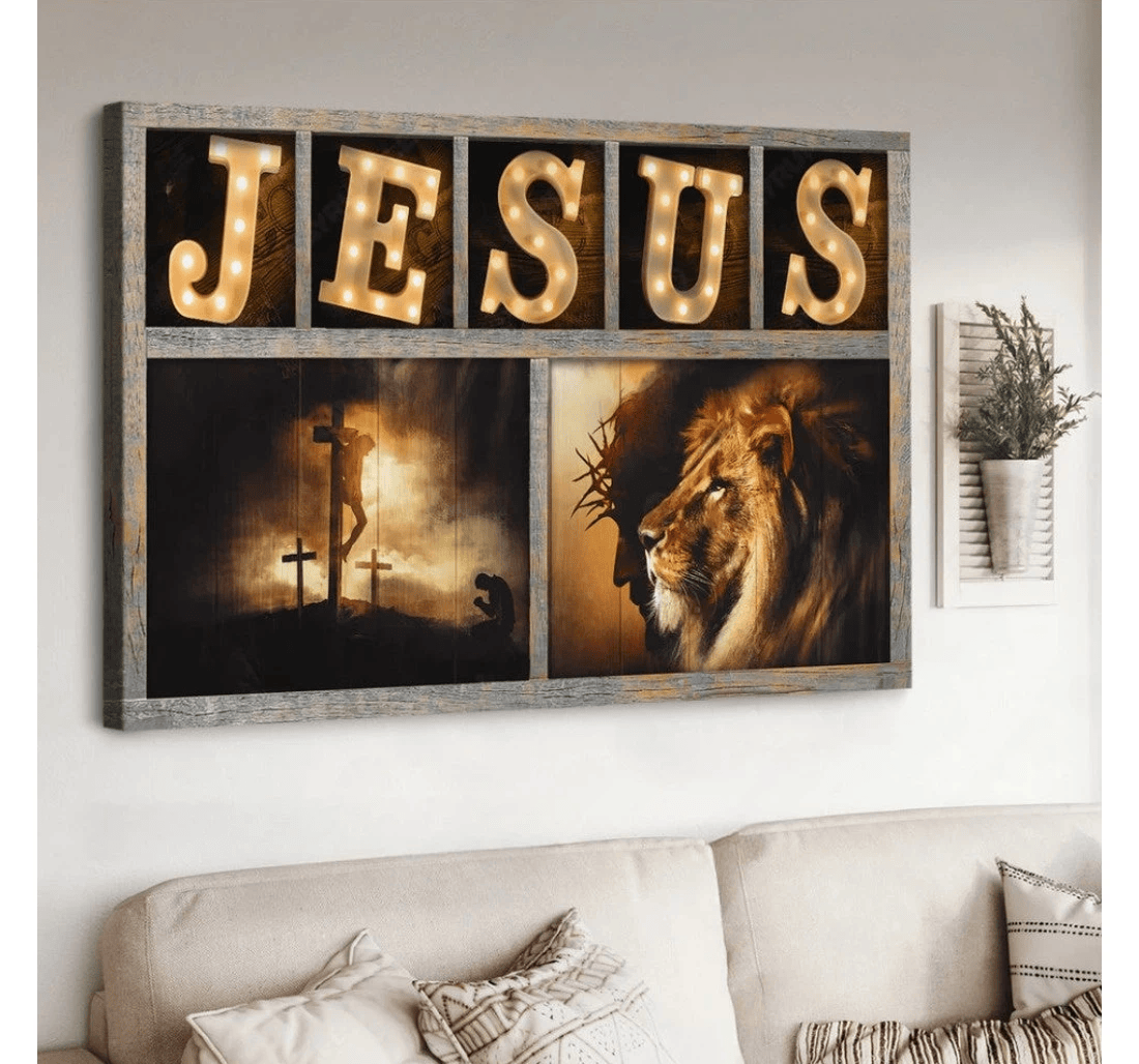 Poster, Canvas - Jesus The Lion Of Judah Jesus On The Cross Matte Print Framed Wall Art