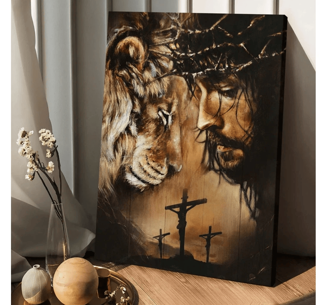 Poster, Canvas - Jesus And Lion Face To Face Matte Print Framed Wall Art