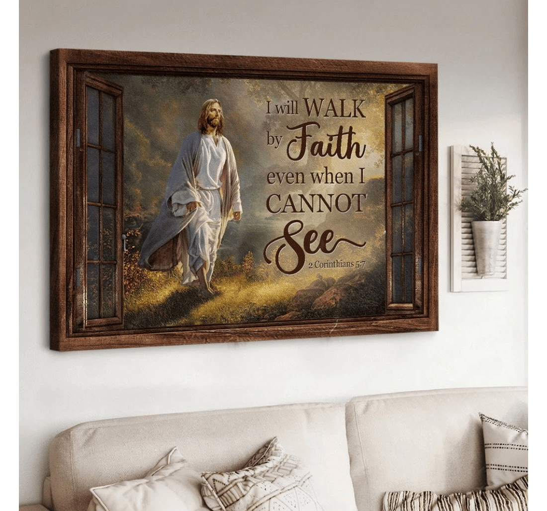 Poster, Canvas - Walking With Jesus Magic Forest Sunny Day I Will Walk By Faith Matte Print Framed Wall Art