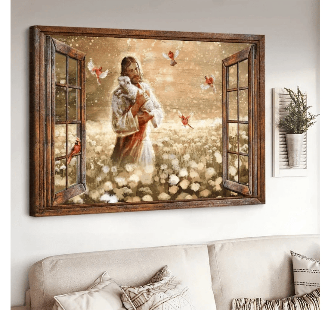 Poster, Canvas - Dandelion Field Jesus Holding Lamb Cardinal Matte Print Framed Wall Art