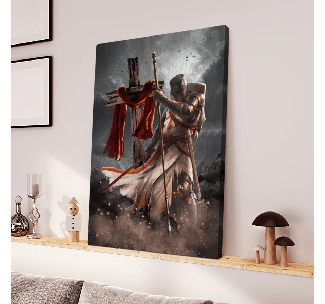 Poster, Canvas - Knight Templar And Cross Jesus Matte Print Framed Wall Art