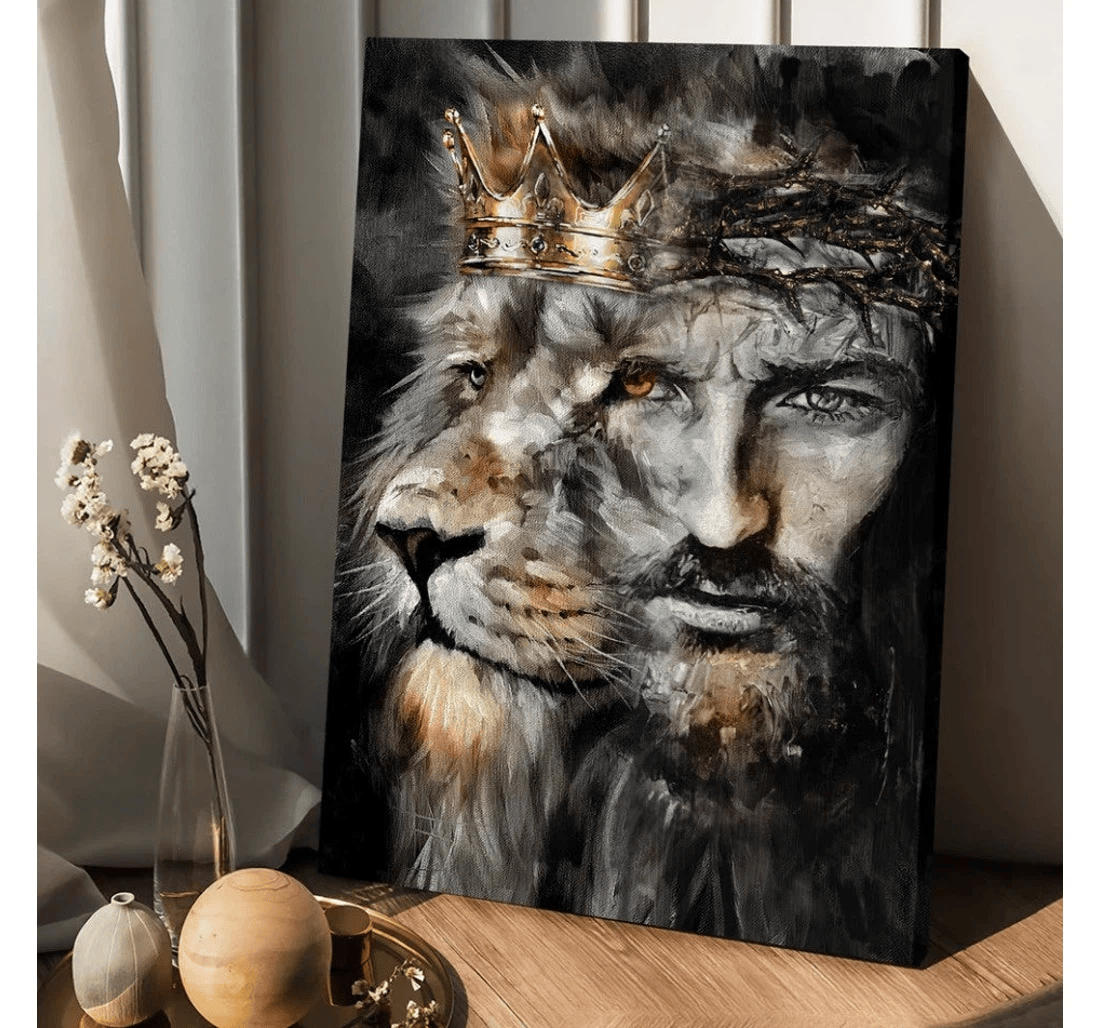 Poster, Canvas - Amazing Lion Of Judah Jesus Unique Crown Matte Print Framed Wall Art
