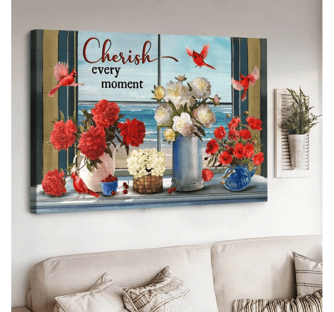 Poster, Canvas - Cardinals Beach View Window Cherish Every Moment Matte Print Framed Wall Art