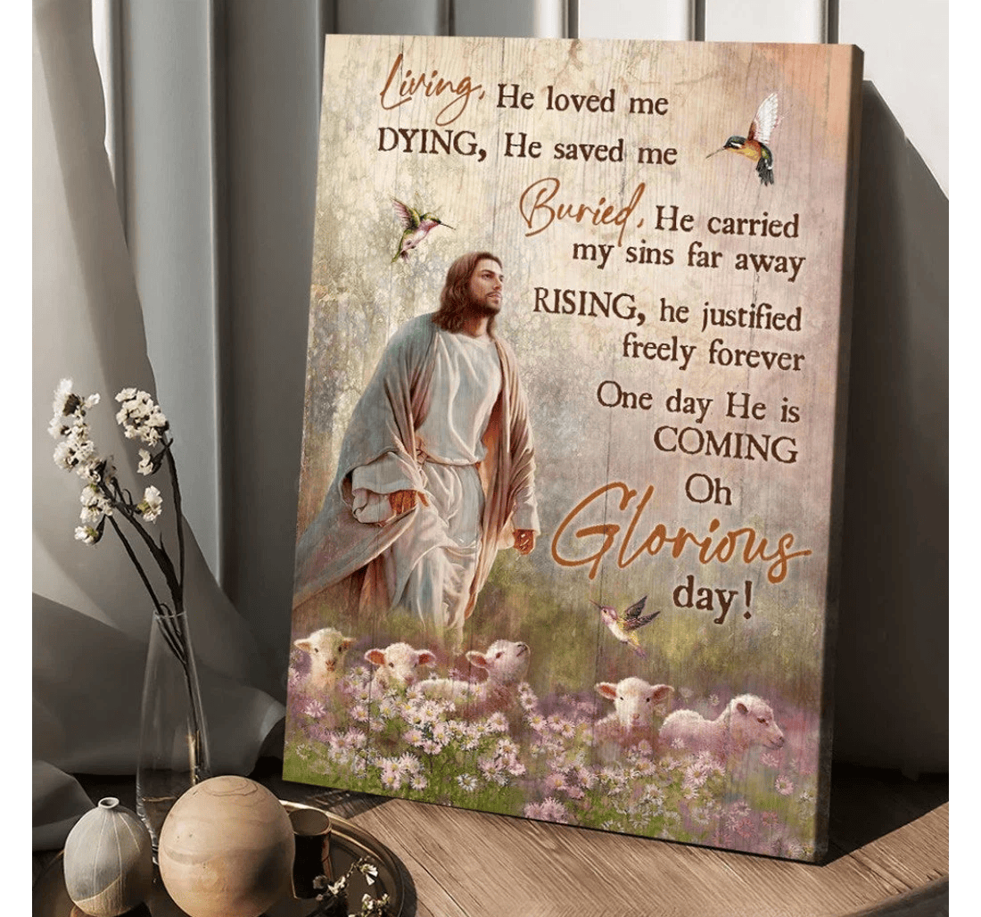 Poster, Canvas - Jesus Flower Field Lambs Of God He Loved Me He Saved Me Matte Print Framed Wall Art