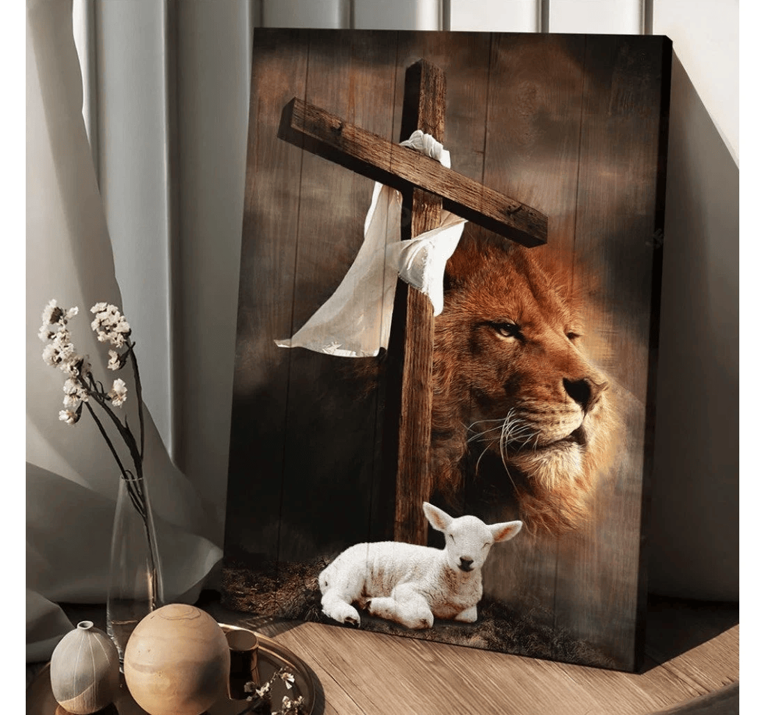 Poster, Canvas - Cross Lion Lamb Of God King Of Kings Matte Print Framed Wall Art
