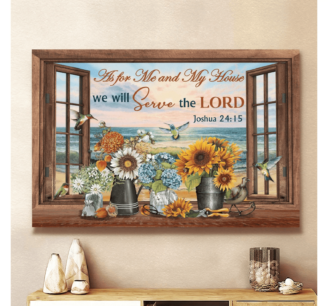 Poster, Canvas - Hummingbird Flowers Beach We Will Serve The Lord Matte Print Framed Wall Art