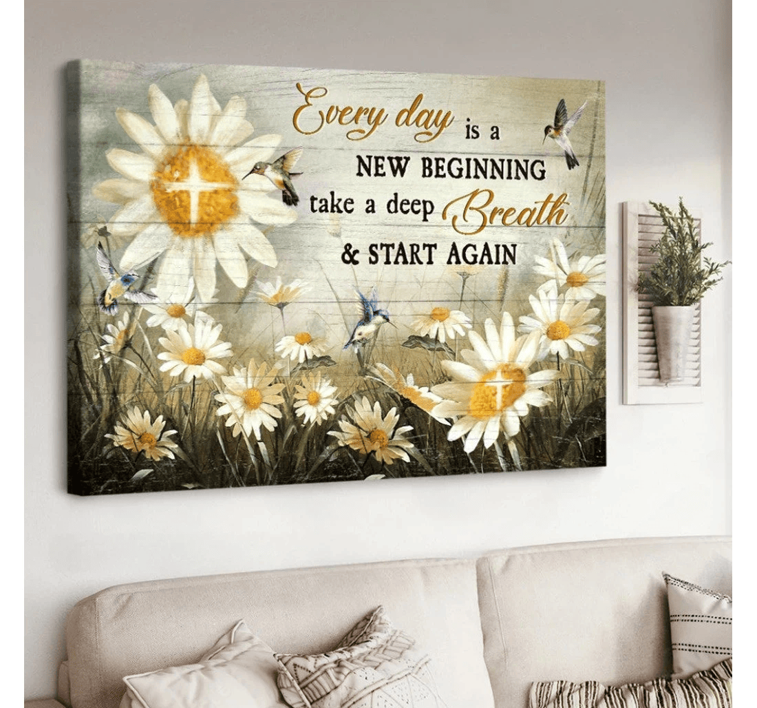 Poster, Canvas - Brilliant Daisy Field Every Day Is A New Beginning Matte Print Framed Wall Art