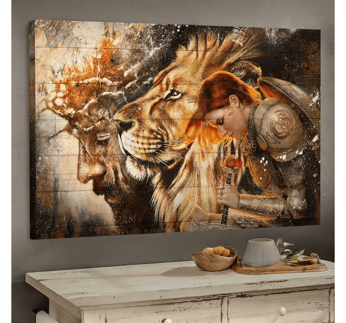 Poster, Canvas - Female Knight Praying To Jesus Lion Of Judah Matte Print Framed Wall Art