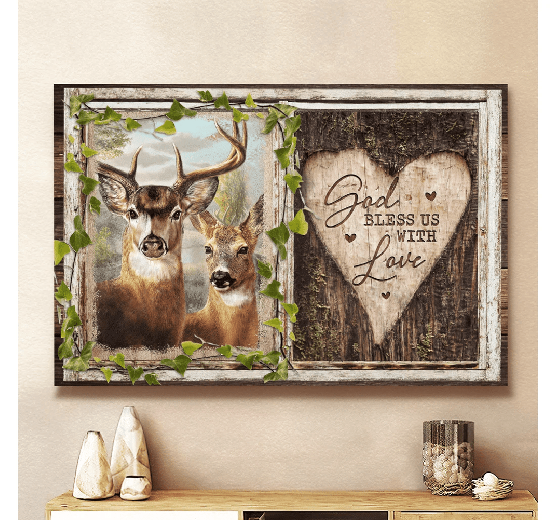 Poster, Canvas - Deer Heart Shape Carving God Bless Us With Love Matte Print Framed Wall Art