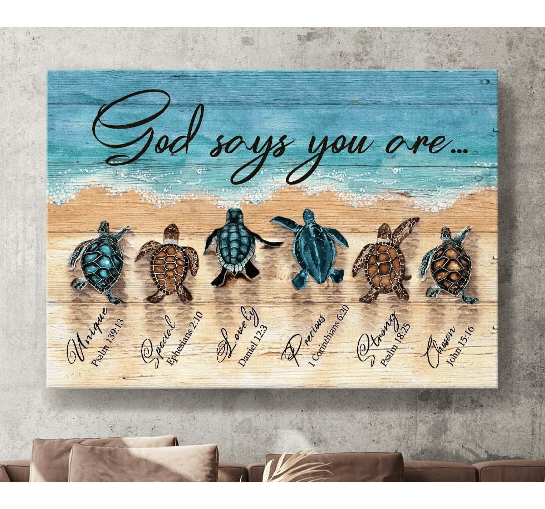 Poster, Canvas - Sea Turtle Sand Beach God Says You Are- Matte Print Framed Wall Art