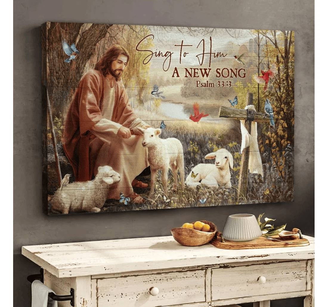 Poster, Canvas - Jesus White Sheep Sing To Him A New Song Matte Print Framed Wall Art