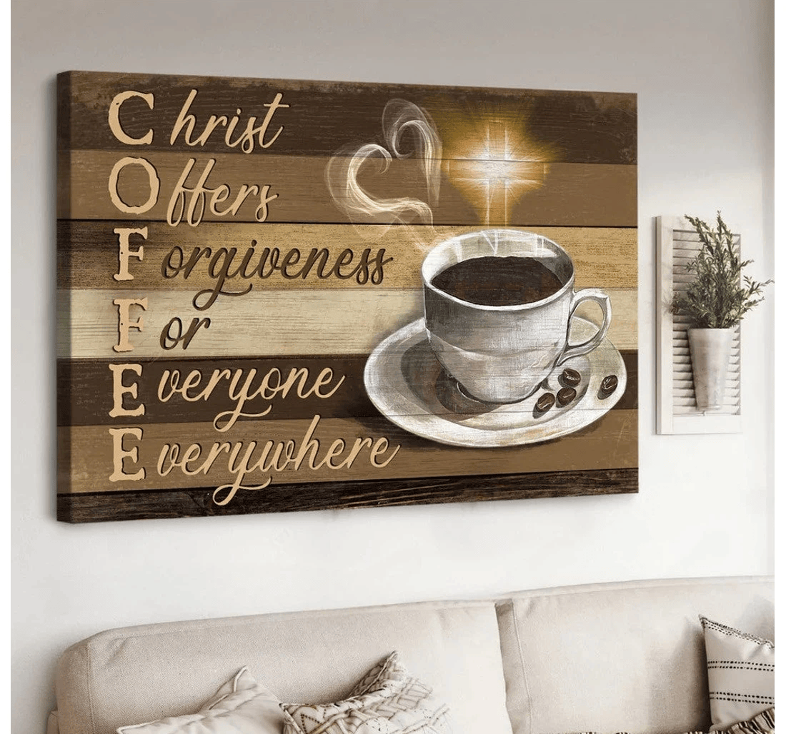 Poster, Canvas - Coffee Cup Light Cross Christ Offers Forgiveness Everyone Everywhere Matte Print Framed Wall Art