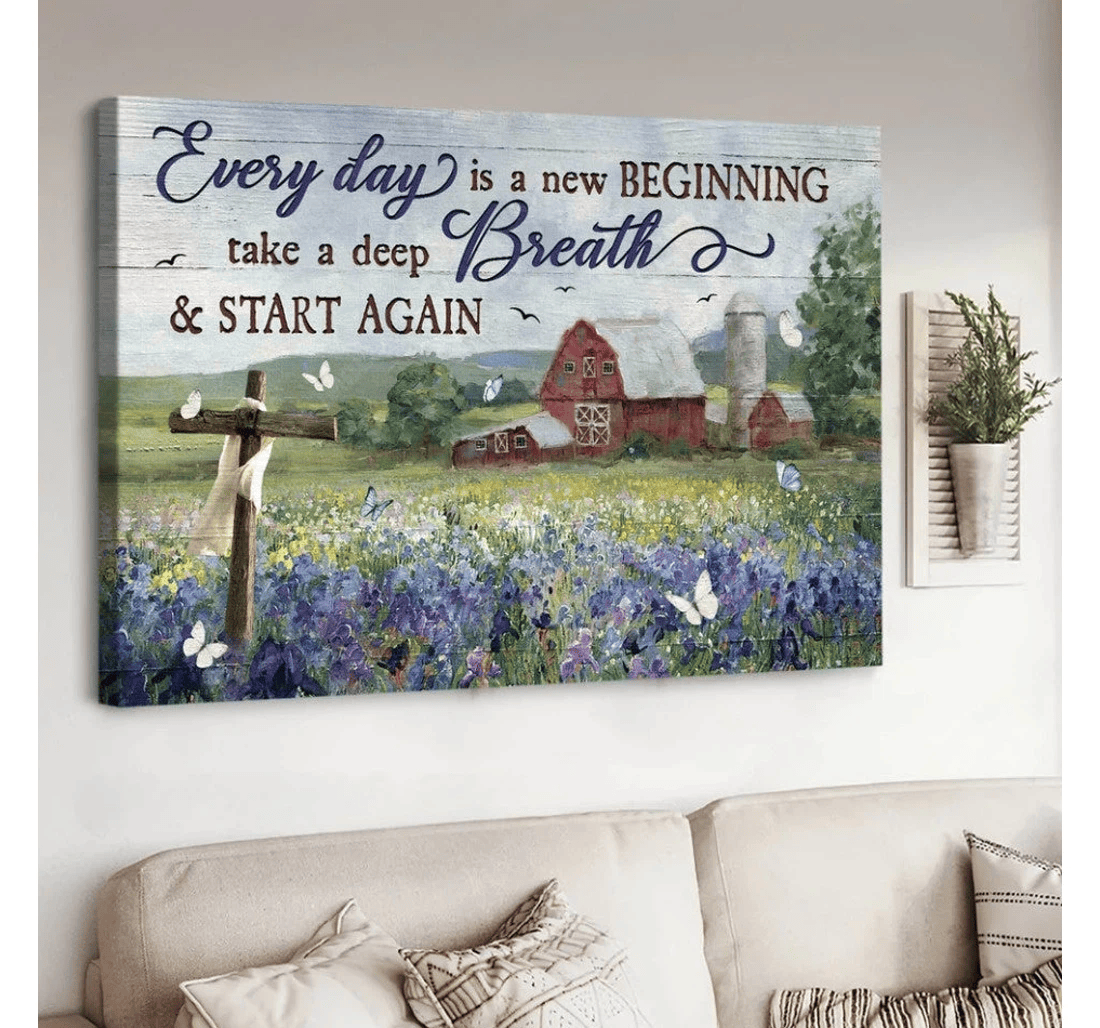 Poster, Canvas - Wonderful Flower Garden Cross Every Day Is A New Beginning Matte Print Framed Wall Art
