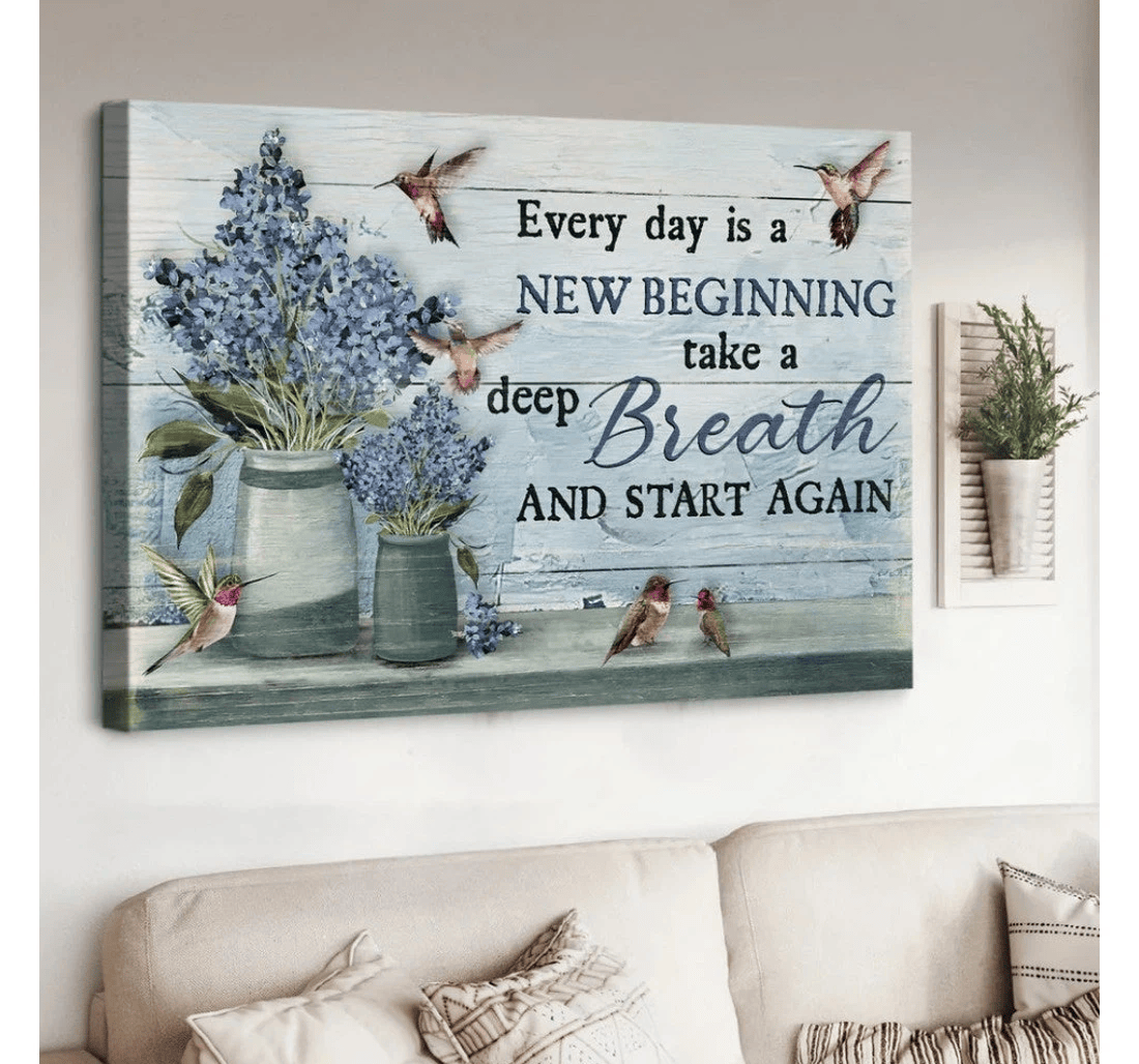 Poster, Canvas - Vintage Blue Flower Beautiful Hummingbird Every Day Is A New Beginning Matte Print Framed Wall Art