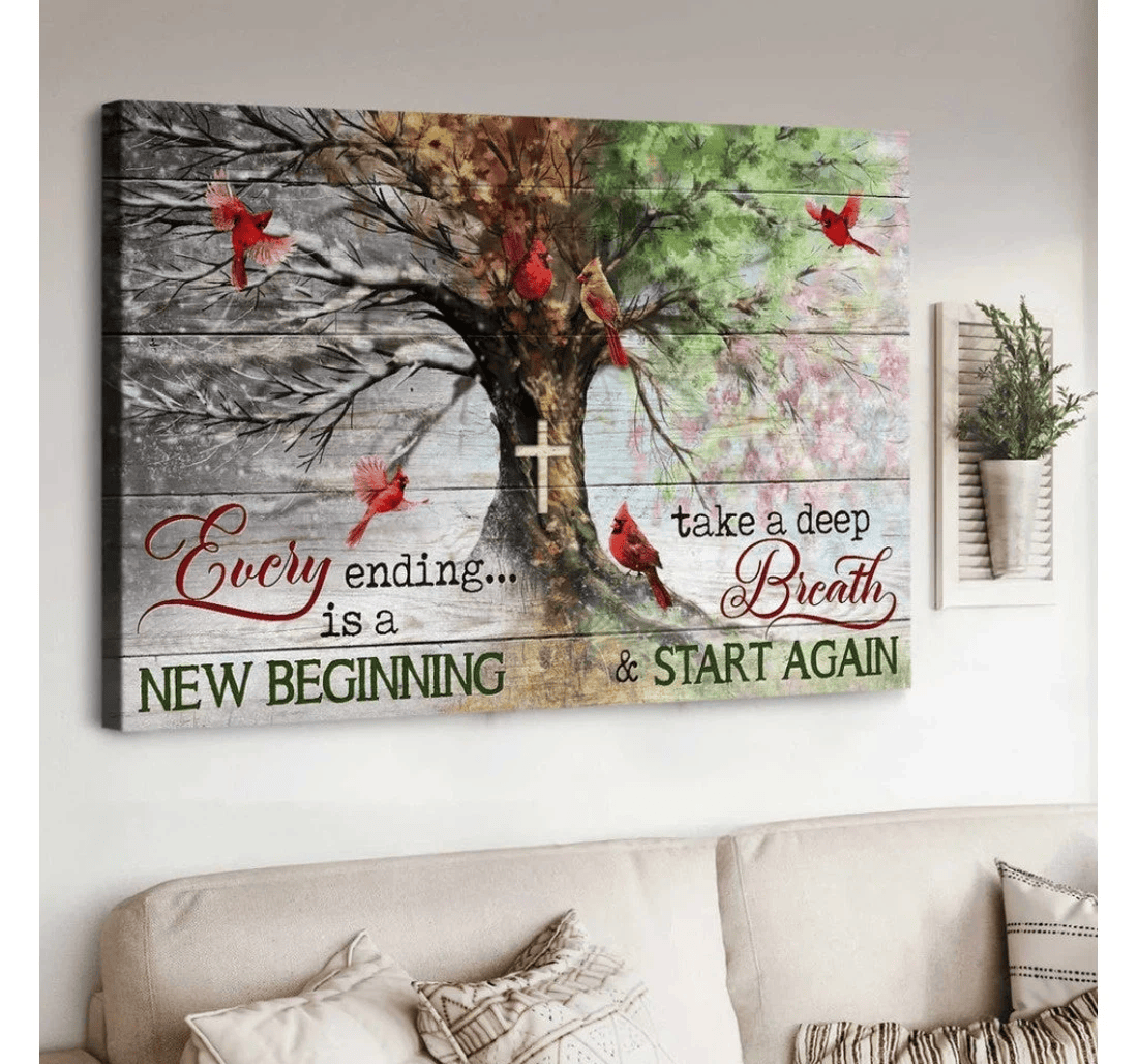 Poster, Canvas - Amazing Tree Four Seasons Tree Cardinal Cross Every Ending Is A New Beginning Matte Print Framed Wall Art