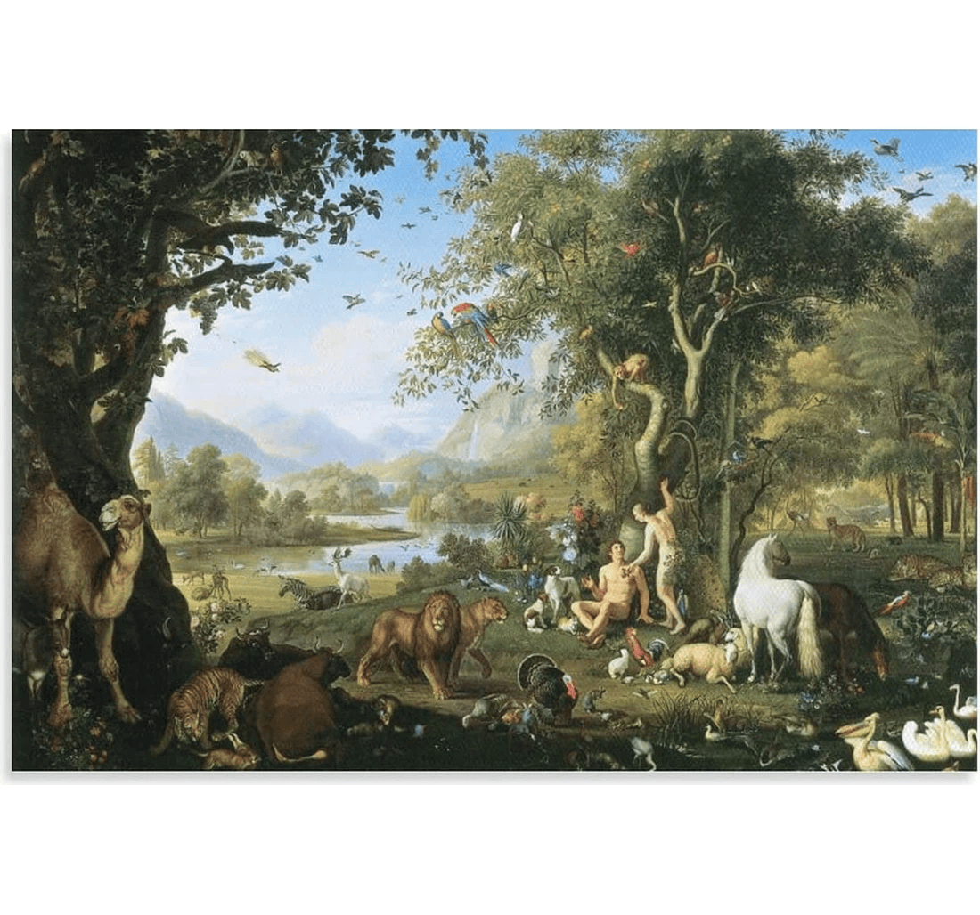 Poster, Canvas - Paradise On Earth By Peter Wenzel Romanticism Garden Of Eden Adam And Eve On 30 Print Framed Wall Art