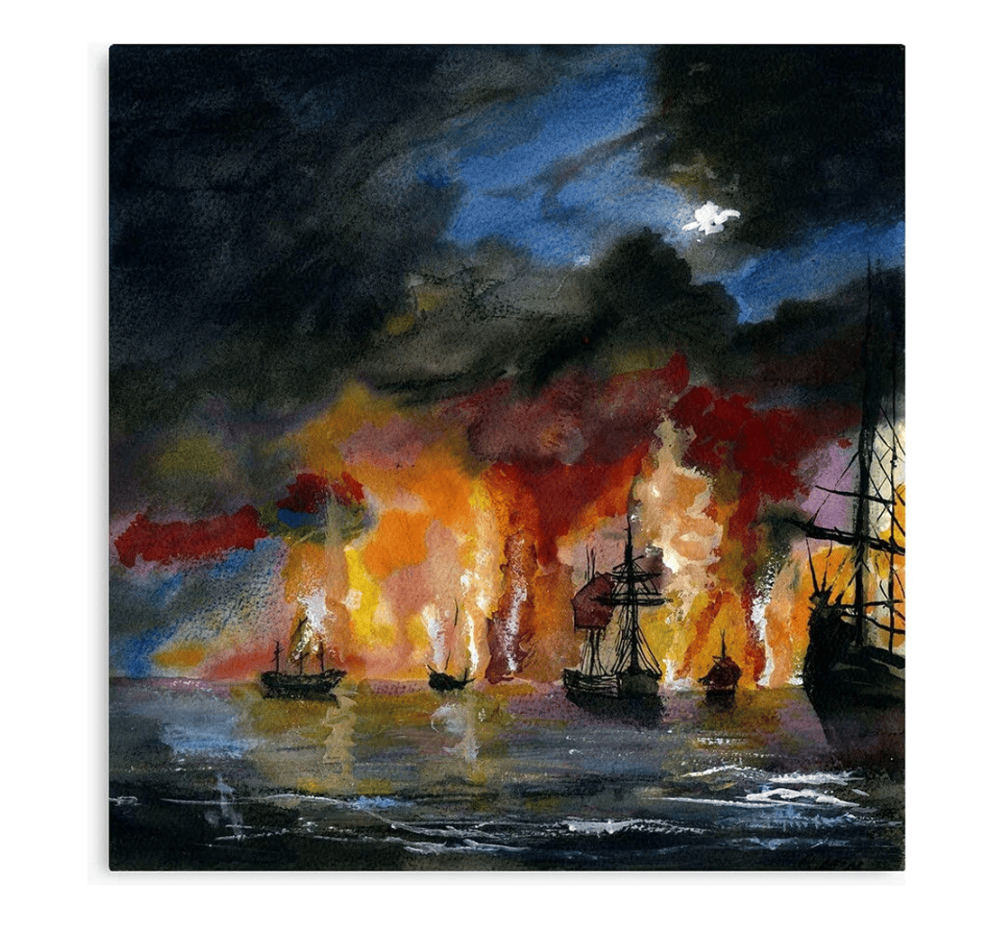 Poster, Canvas - The Burning Ships Trendy Print Framed Wall Art