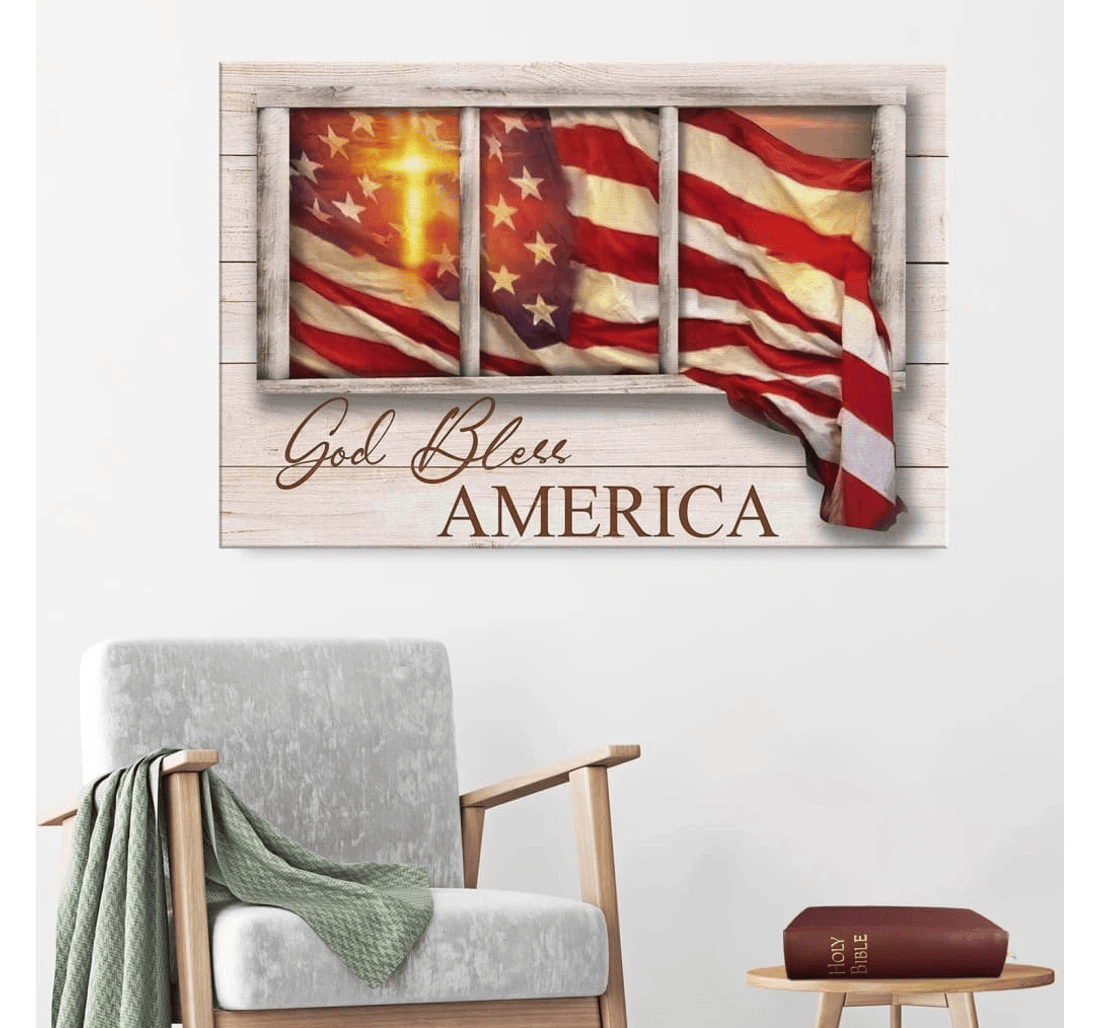 Poster, Canvas - Independence Day Cross Of Light God Bless America Kv Print Framed Wall Art
