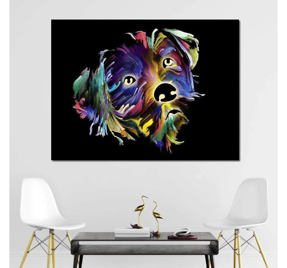 Poster, Canvas - Coloful Dog On Black Print Framed Wall Art