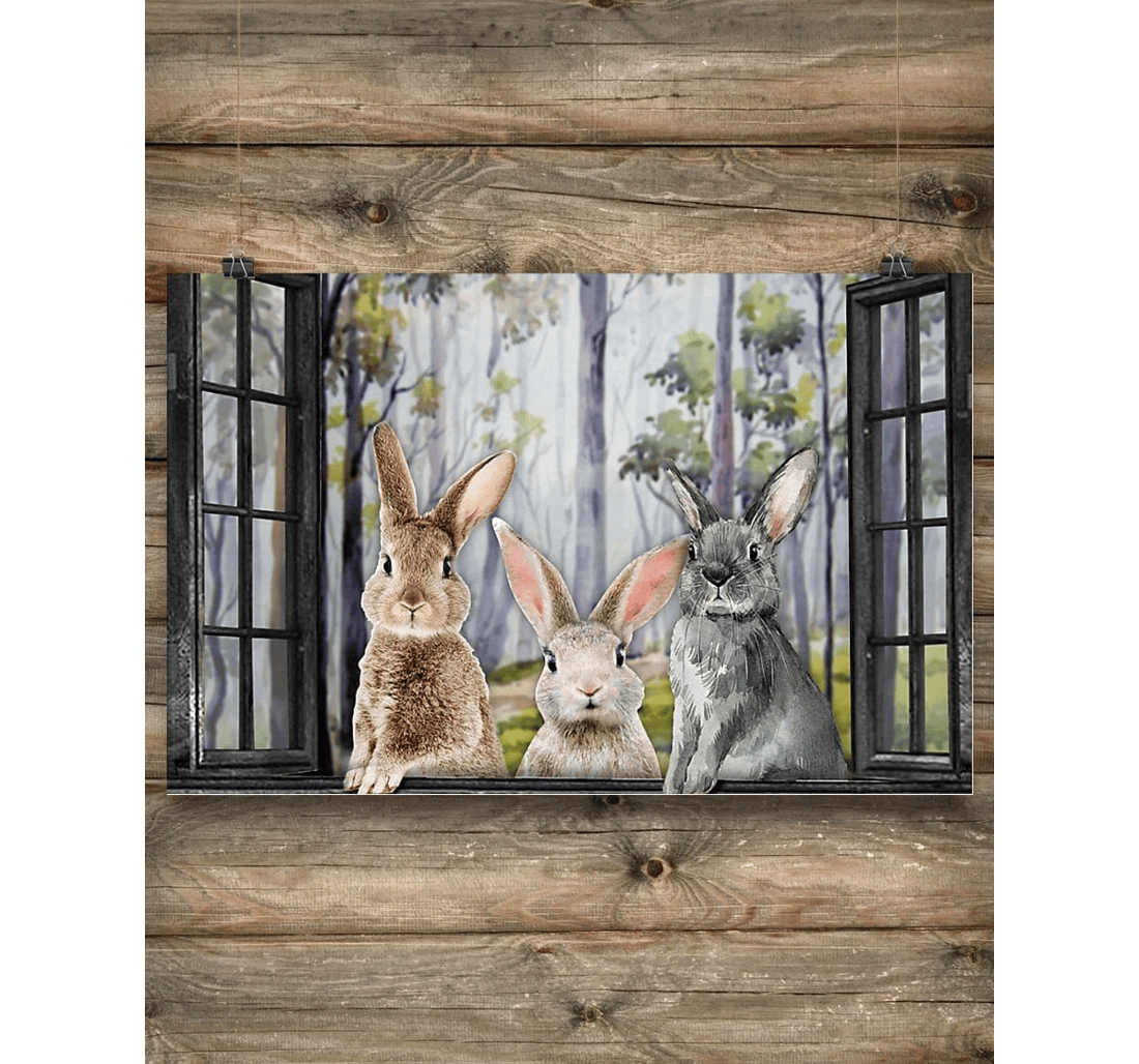 Poster, Canvas - Cute Rabbits By The Window V Print Framed Wall Art