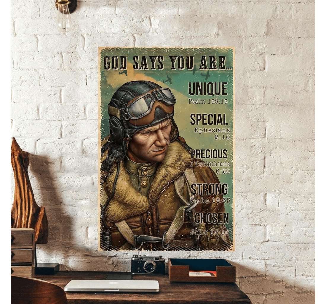 Poster, Canvas - Pilot God Says You Are Unique Special Strong Chosen Print Framed Wall Art