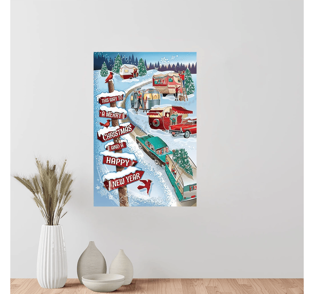 Poster, Canvas - Camping This Way To A Merry And A Happy New Year Print Framed Wall Art