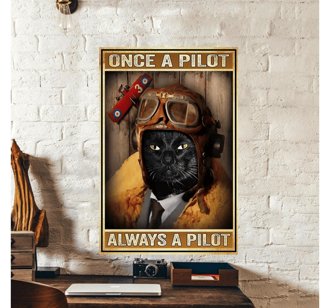 Poster, Canvas - Black Cat Once A Pilot Always A Pilot Print Framed Wall Art