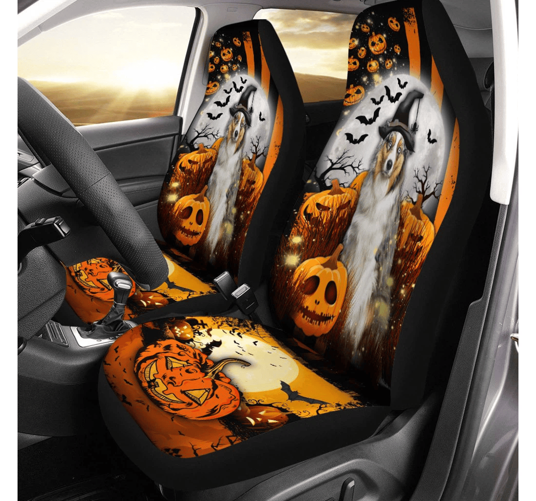 Australian Shepherd Halloween Pumpkin Scary Moon Universal Front Car Seat Cover