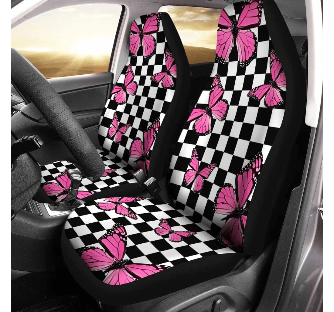 Pink Butterfly Custom Checkerboard Accessories Universal Front Car Seat Cover