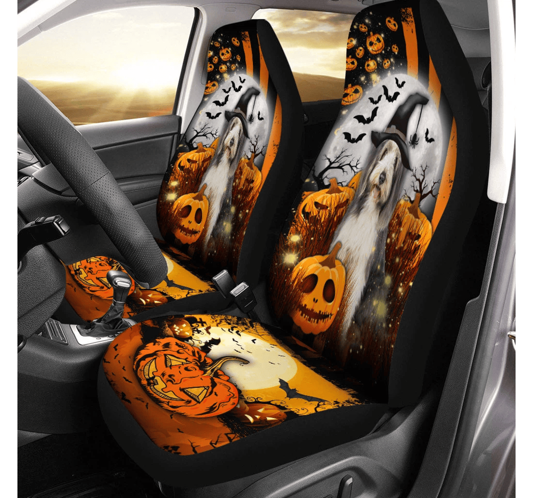 Bearded Collie Halloween Pumpkin Scary Moon Universal Front Car Seat Cover