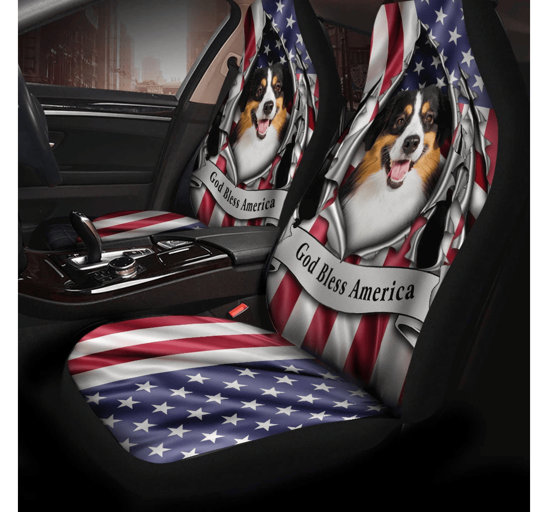 Australian Shepherd Dog Inside Flag Gob Bless America Independence Universal Front Car Seat Cover