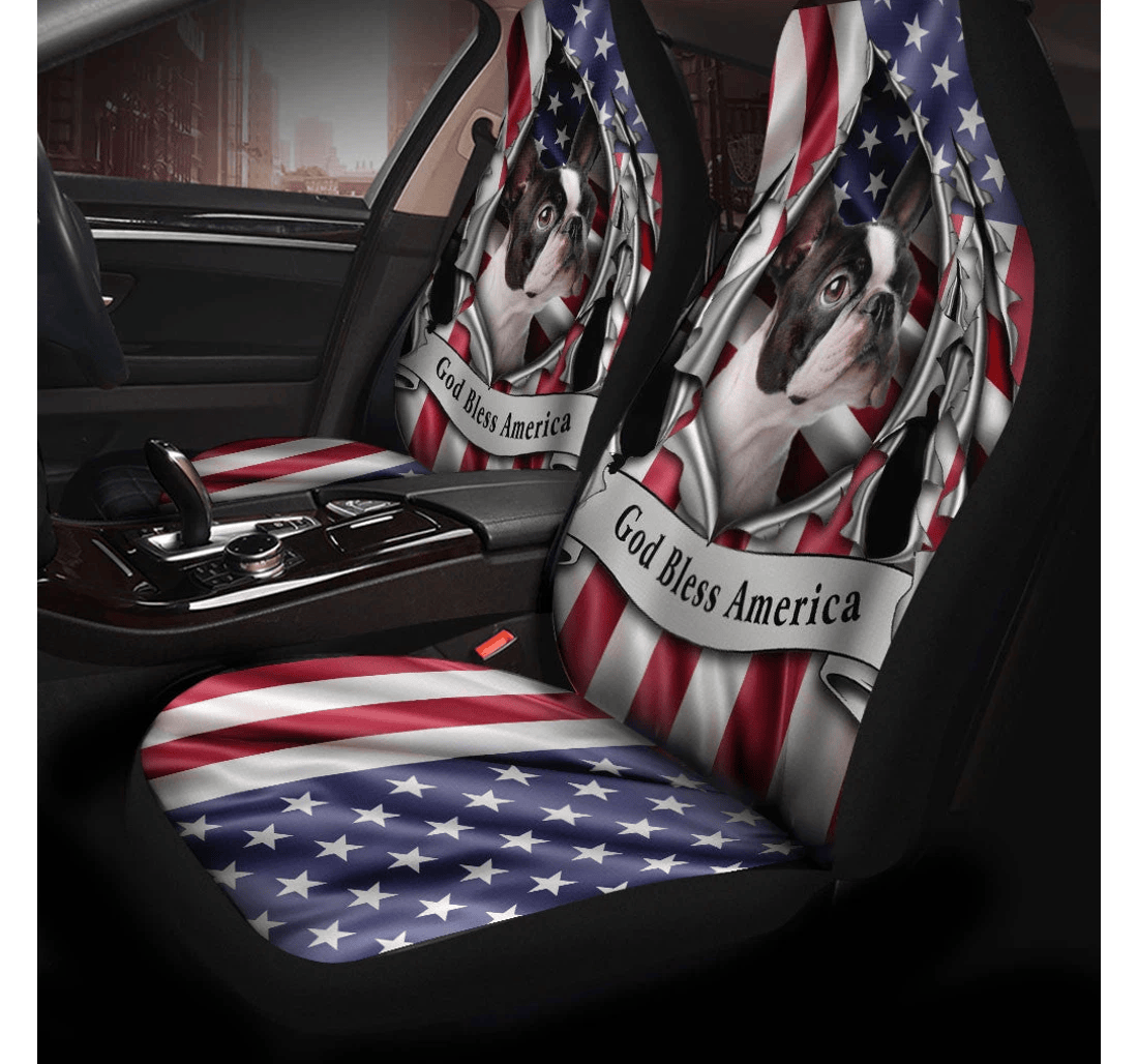 Boston Terrier Dog Inside Flag Gob Bless America Independence Universal Front Car Seat Cover