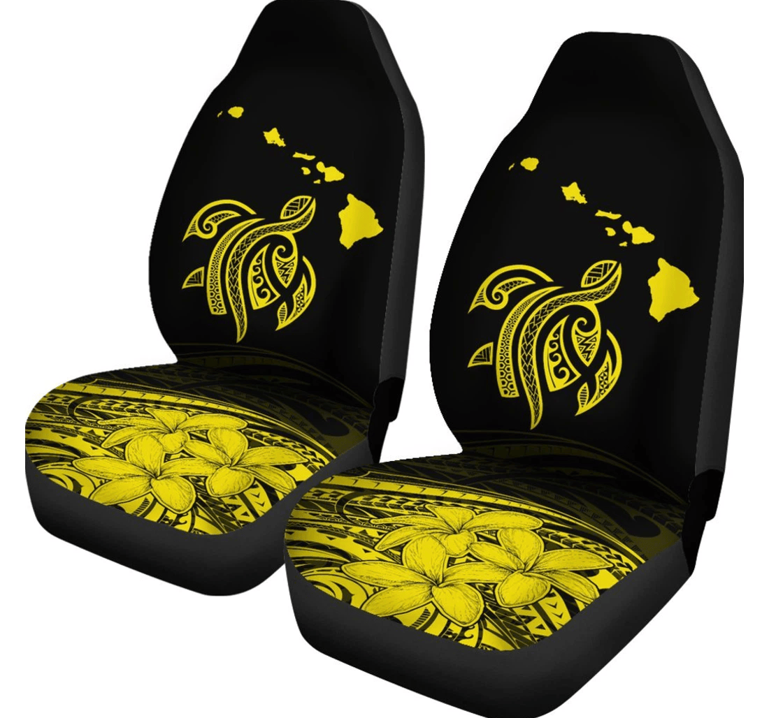 Hawaii Map Plumeria Polynesian Yellow Turtle Universal Front Car Seat Cover
