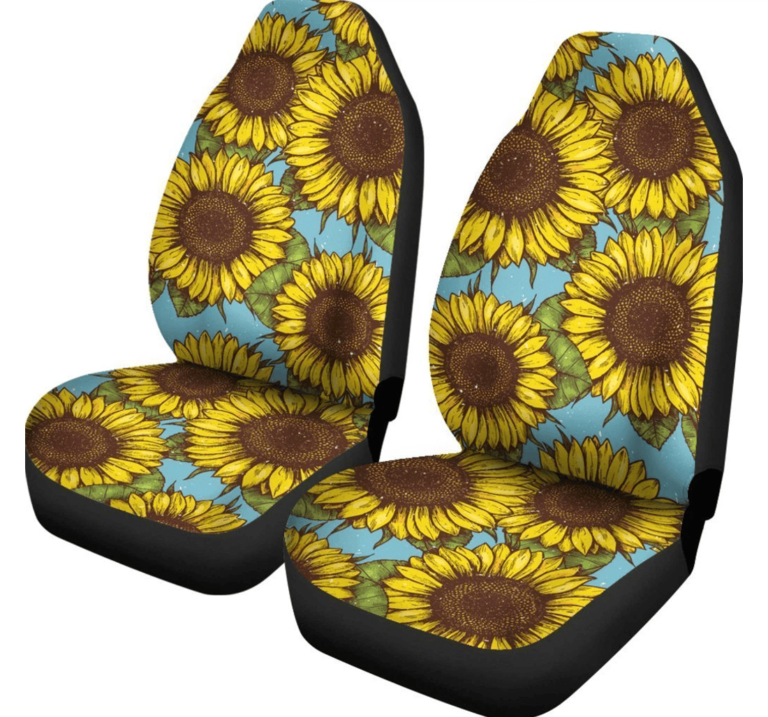 Blue Vintage Sunflower Pattern Print Fit Universal Front Car Seat Cover