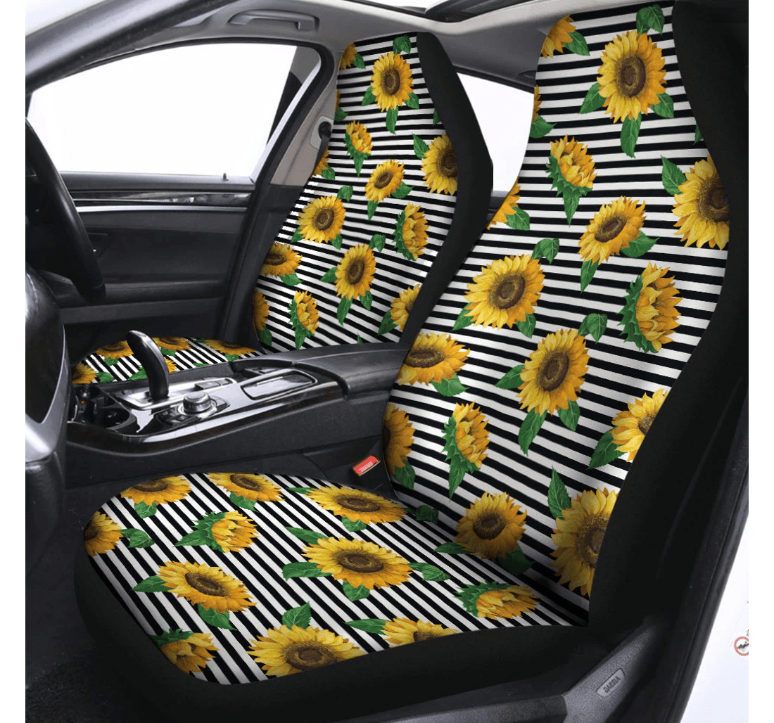 Stripe Sunflower Pattern Print Fit Universal Front Car Seat Cover