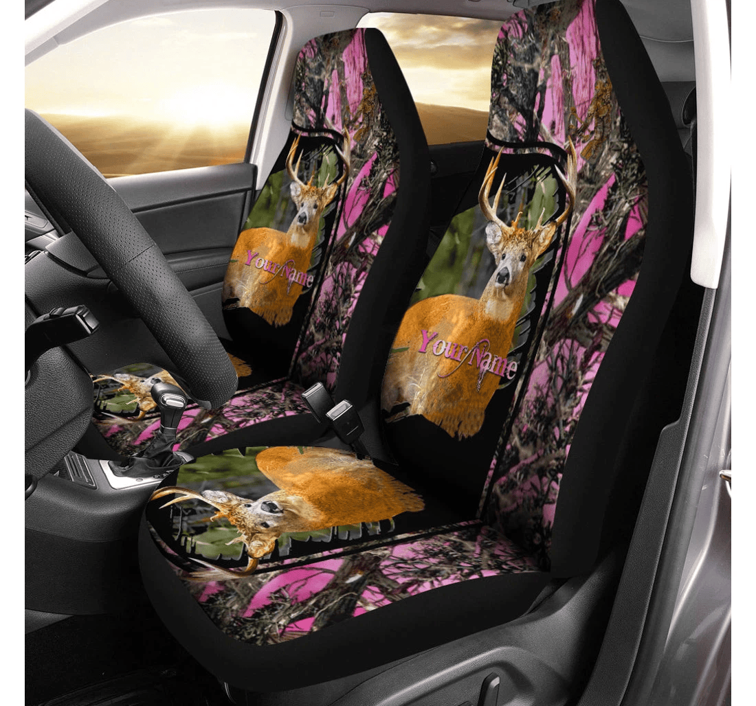 Country Girl Mule Deer Hunting Pink True Timber Camo Custom Name - Hunting Gifts Universal Front Car Seat Cover