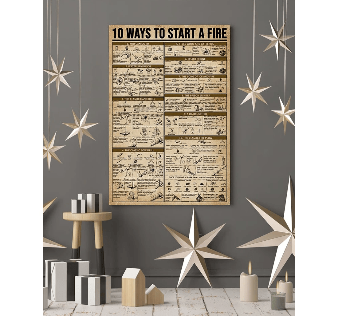 Poster, Canvas - 10 Ways To Start A Fire Camping Print Framed Wall Art