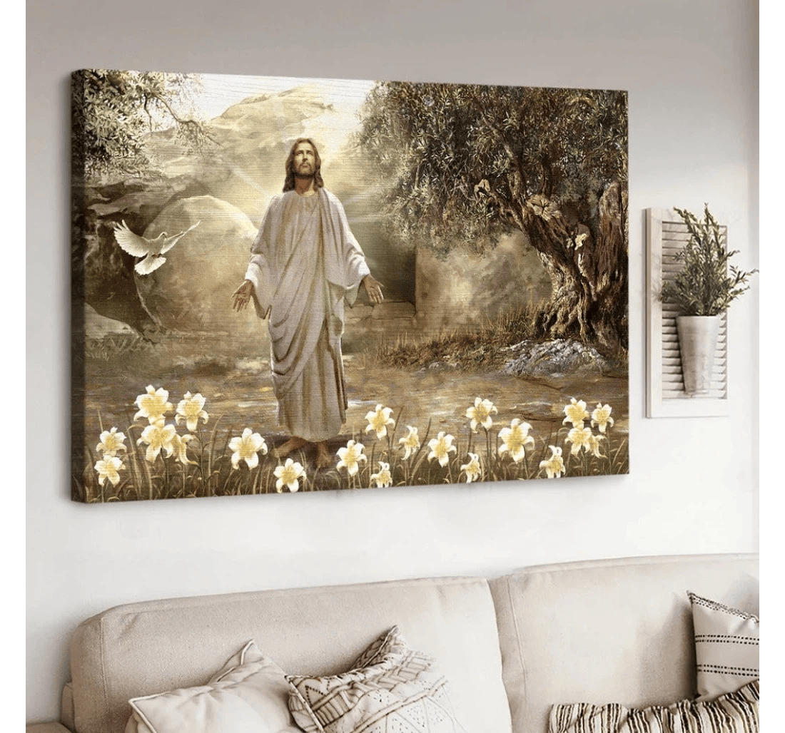 Poster, Canvas - Jesus Dove Of Peace Meadow Landscape A New Day Has Come Matte Print Framed Wall Art